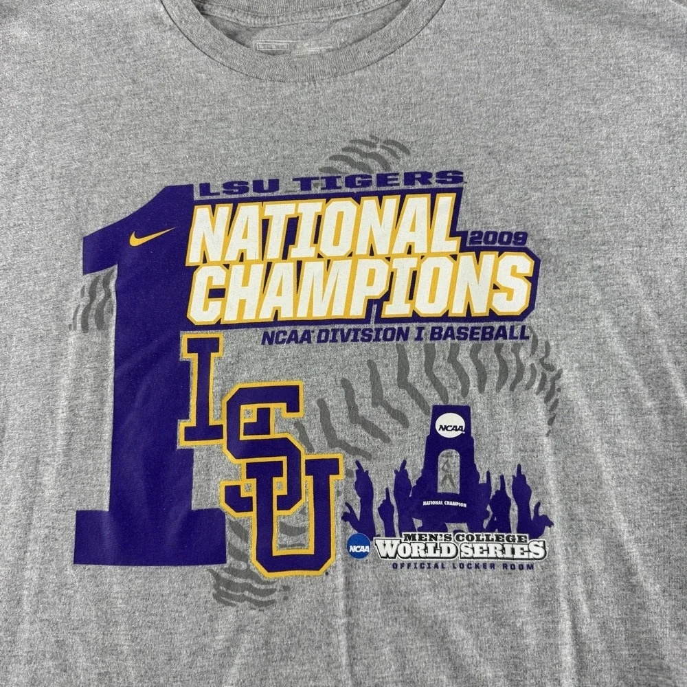 LSU Tigers Shirt Mens XL Gray NCAA Baseball Nike 2009 Champions World Series Tee